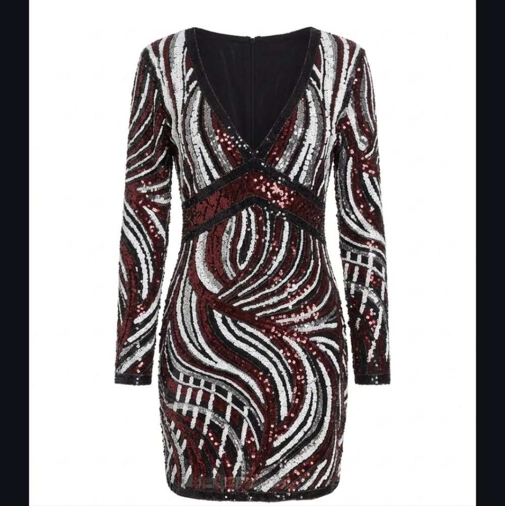 Lajoly & Co Sequin Bodycon Deep V Mini Dress Size Small Swirl Pattern